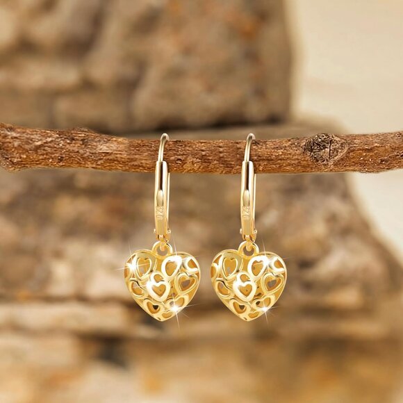 925 Sterling Silver 14K Gold French Leverback Heart Dangle Earrings for Women - Picture 5 of 8